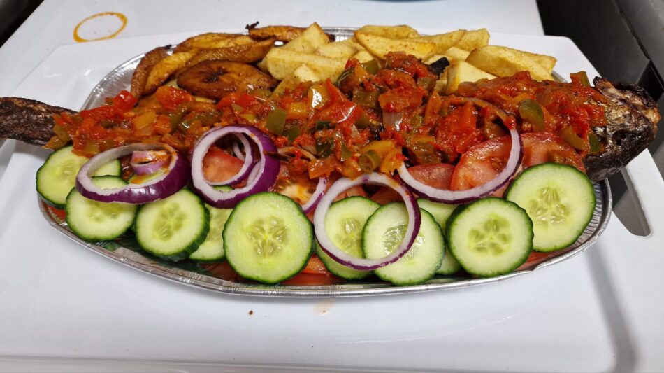 Grilled Fish, chips and Plantain